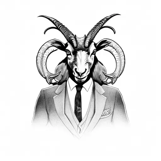 man with goat head wearing black suit and tie and big horns tattoo design idea