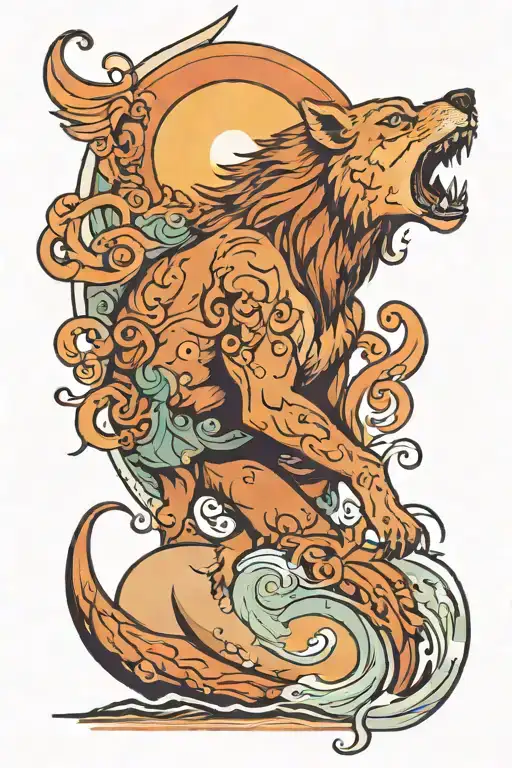 sleeve tattoo with a spirt wolf on a sunset beach biting a lion on the neck tattoo design idea