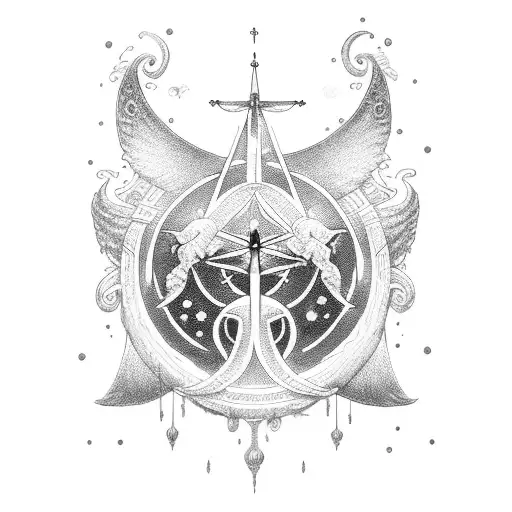 A celestial harp with angelic figures playing it tattoo design idea