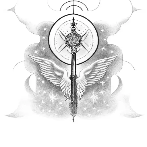 A celestial harp with angelic figures playing it tattoo design idea