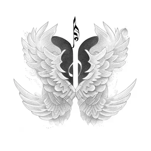 Musical notes intertwined with angel wings tattoo design idea