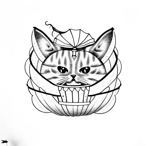 A dotwork illustration of a vintage Halloween cat sitting in a hot air balloon basket tattoo design idea