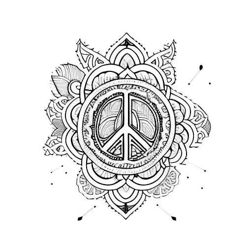 A blackwork tattoo of a peace sign made up of intricate floral patterns, inspired by the love for music festivals and the hippie movement tattoo design idea