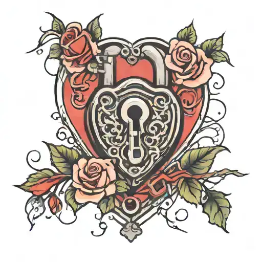 heart shaped lock with roses and broken key  tattoo design idea