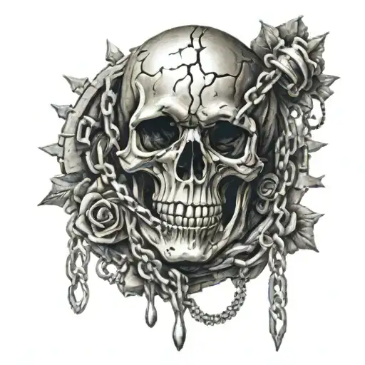 skull with broken heart and chains wrapped around the heart tattoo design idea
