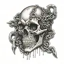 skull with broken heart and chains wrapped around the heart tattoo design idea