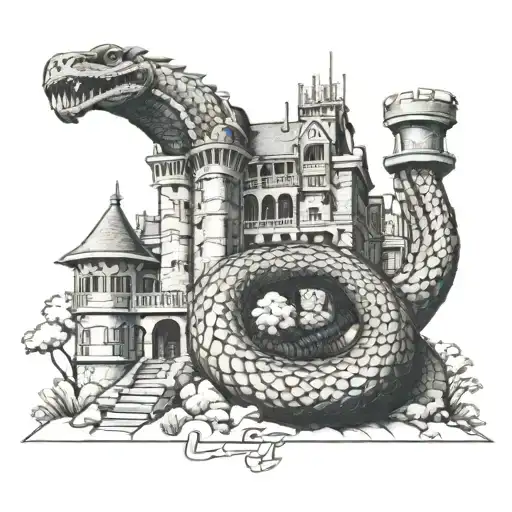 Combat Engineer castle with king cobra coiled tattoo design idea