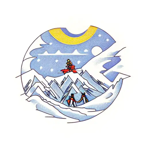 Mountain with two skiers riding up a chair lift together. Sun in the background tattoo design idea
