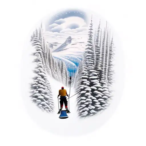 Mountain with two skiers riding up a chair lift together. Sun in the background tattoo design idea