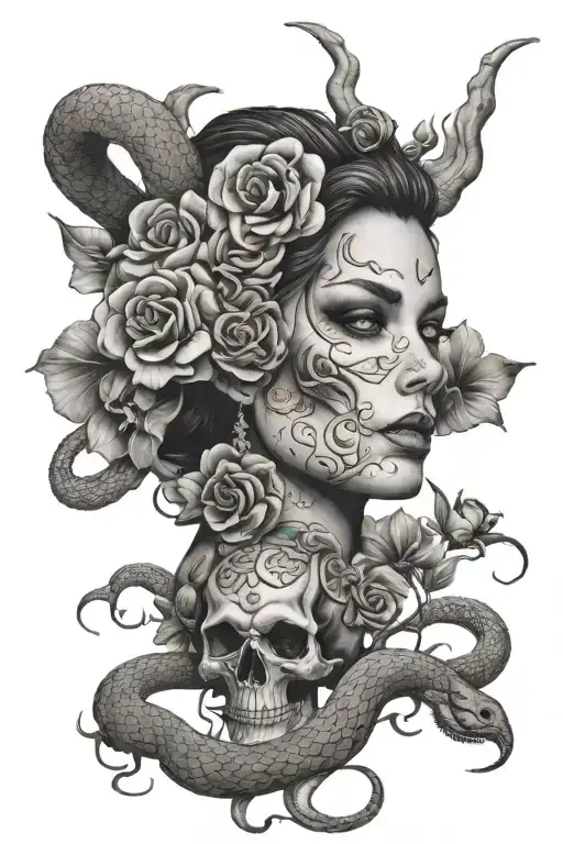 small skulls, flowers,large women demon face morphing and a large snake tattoo design idea