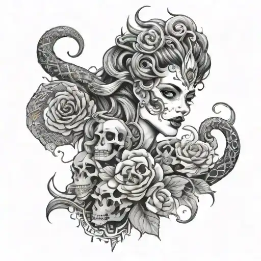 sleeve tatto design featuring elements, skulls, scary demon women, flowers, and a snake  tattoo design idea