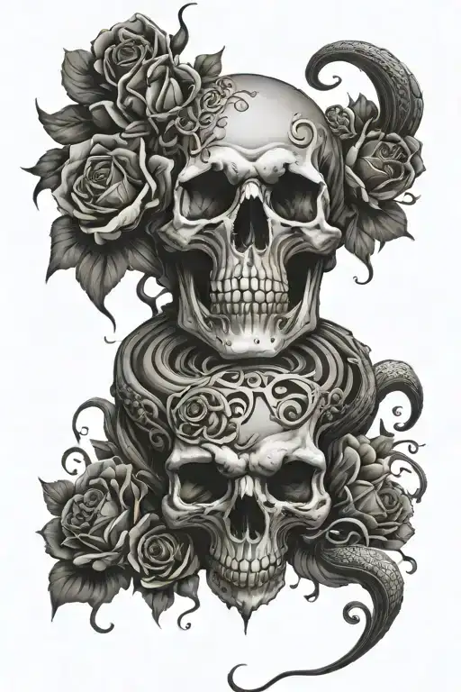 skulls, flowers, demon face morphing and a large snake tattoo design idea