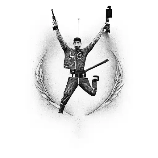 uk driler with nike tracksuit pointing gun  tattoo design idea