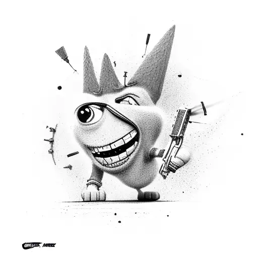 uk driler with nike tracksuit pointing gun at Courage the Cowardly Dog  tattoo design idea