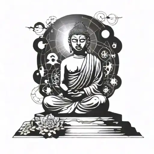 A serene Buddha meditating in a peaceful natural setting surrounded by mathematical equations tattoo design idea