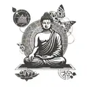 A serene Buddha meditating in a peaceful natural setting surrounded by mathematical equations tattoo design idea