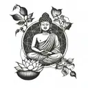 A serene Buddha meditating in a peaceful natural setting surrounded by mathematical equations tattoo design idea