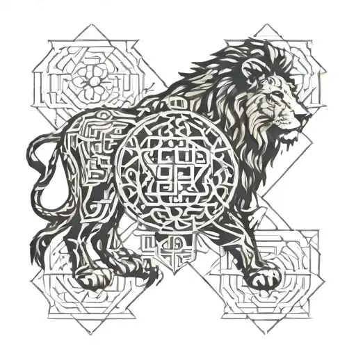 A lion and Saint Benedict symbol combined in a geometric design, symbolizing the harmony between strength and spirituality tattoo design idea