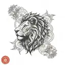 Create a tattoo featuring a lion's head, the Saint Benedict symbol, and family elements in a dotwork style tattoo design idea