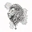 Create a tattoo featuring a lion's head, the Saint Benedict symbol, and family elements in a dotwork style tattoo design idea