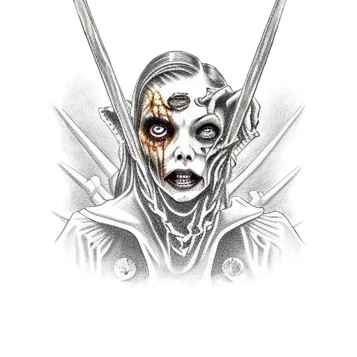 evil justitia with fading zombie hands reaching for her tattoo design idea