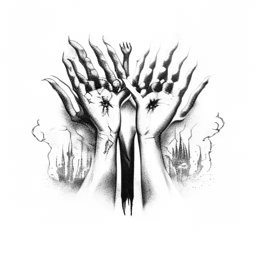 evil justitia with fading zombie hands reaching for her, similar to the dying light 1 cover tattoo design idea