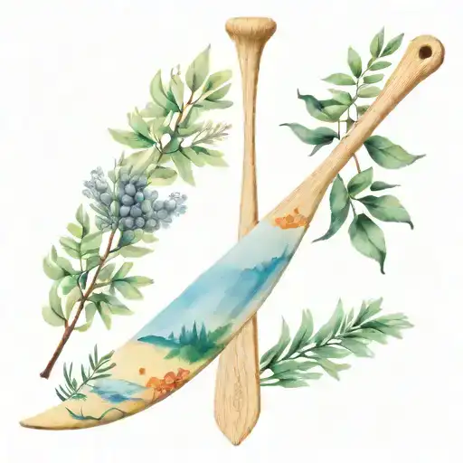 canoe paddle with juniper fruit and plants native to Quebec tattoo design idea