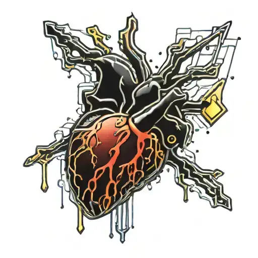Black Gold, and Blood Red Melting Human Heart, Stabbed and bleeding. void background with golden banding. tattoo design idea