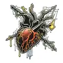 Black Gold, and Blood Red Melting Human Heart, Stabbed and bleeding. void background with golden banding. tattoo design idea