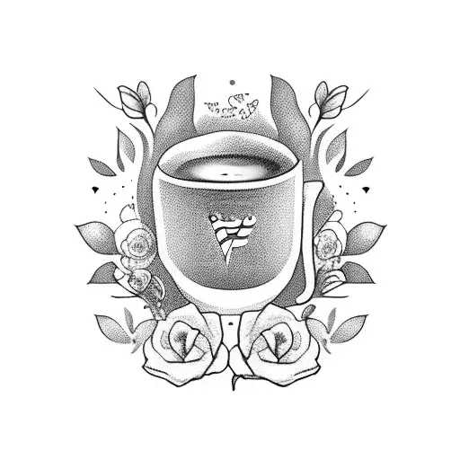 Taylor Swift's lyrics forming the shape of a coffee mug, with flowers blooming around it tattoo design idea