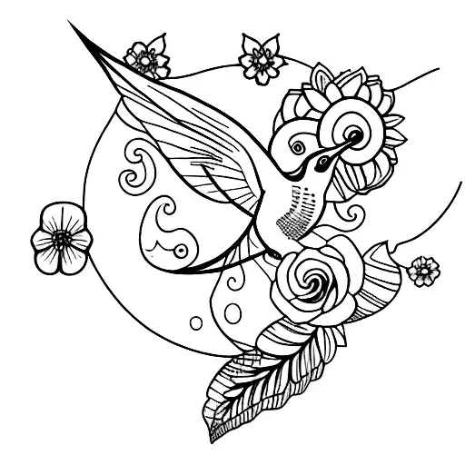 A tattoo featuring a colorful hummingbird surrounded by delicate flowers, inspired by the client's love for birds and nature tattoo design idea