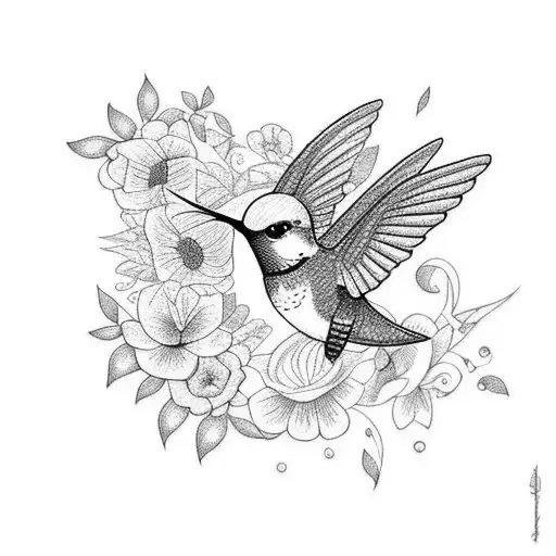A tattoo featuring a colorful hummingbird surrounded by delicate flowers, inspired by the client's love for birds and nature tattoo design idea