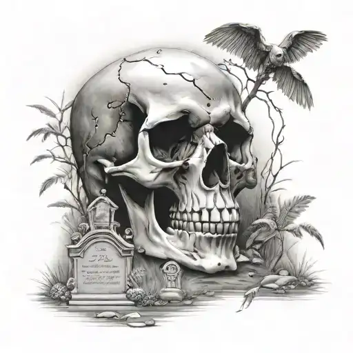 skull in graveyard scene tattoo design idea
