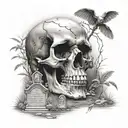 skull in graveyard scene tattoo design idea