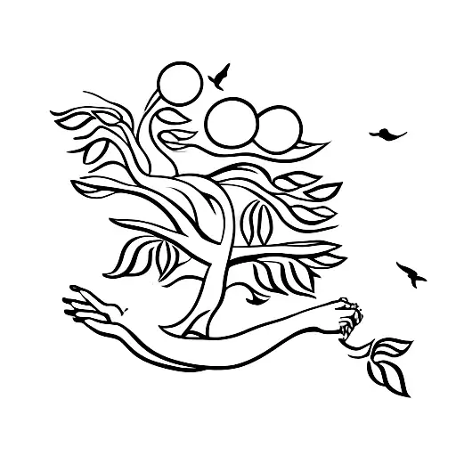 Eve from the Bible reaching for an orange on a tree tattoo design idea