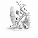 Eve from the Bible reaching for an orange on a tree tattoo design idea