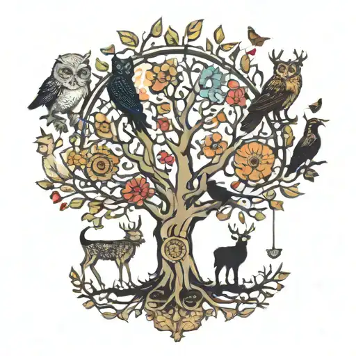 tree of life, owl, wolf, deer, crow, tattoo design idea