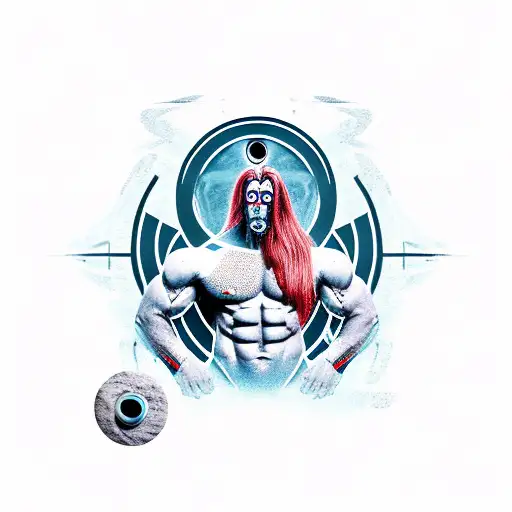 A male titan god with the hole body levitating  with a deep and strong look tattoo design idea
