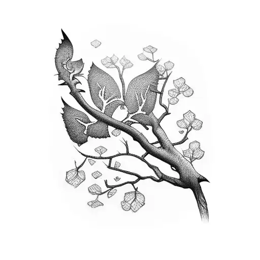 sleeve tattoo of crane with cherry tree branches tattoo design idea