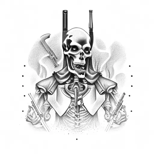 german shorthaired pointer on point with a grim reaper holding a shotgun tattoo design idea