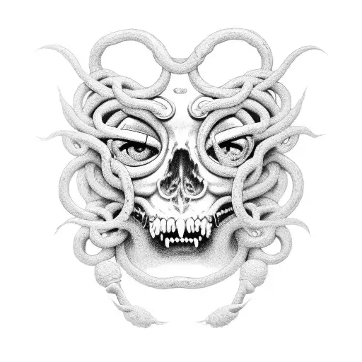 A tattoo of Medusa's face with her tongue sticking out, holding a Sega controller tattoo design idea