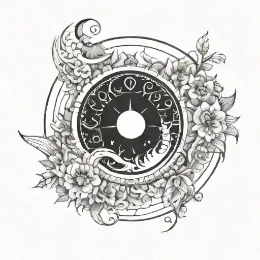 last quarter moon with fire and floral. celestial  tattoo design idea