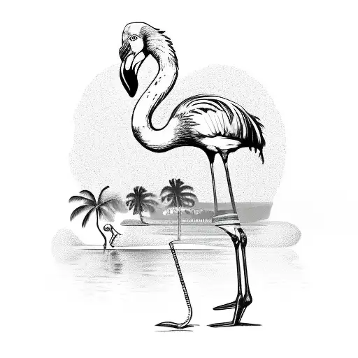 a cartoon flamingo drinking a cocktail in a swimming pool with sunglasses, palm trees and birds around it tattoo design idea