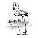 a cartoon flamingo drinking a cocktail in a swimming pool with sunglasses, palm trees and birds around it tattoo design idea
