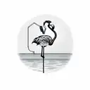 a cartoon flamingo drinking a cocktail in a swimming pool with sunglasses, palm trees and birds around it tattoo design idea