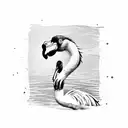 a cartoon flamingo drinking a cocktail in a swimming pool with sunglasses, palm trees and birds around it tattoo design idea