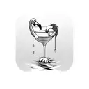 a cartoon flamingo drinking a cocktail in a swimming pool with sunglasses, palm trees and birds around it tattoo design idea