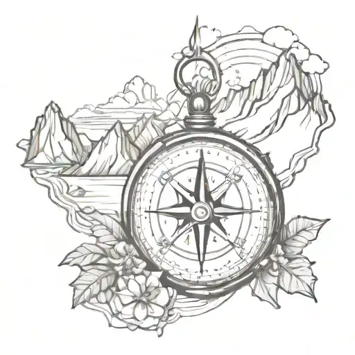 compass with rocky mountains and hawaiian waterfall  tattoo design idea