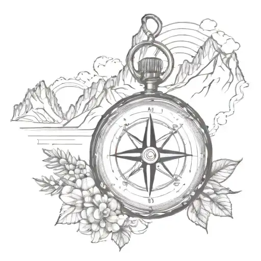 compass with rocky mountains and hawaiian waterfall  tattoo design idea