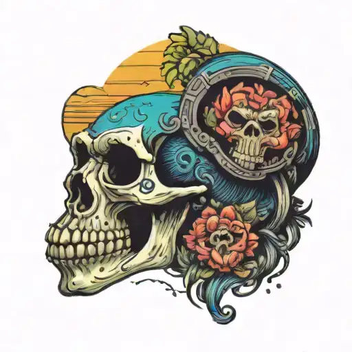 A skull with a monkey's face painted in vibrant colors, set against a backdrop of a Colombian beach party with acid techno music playing tattoo design idea